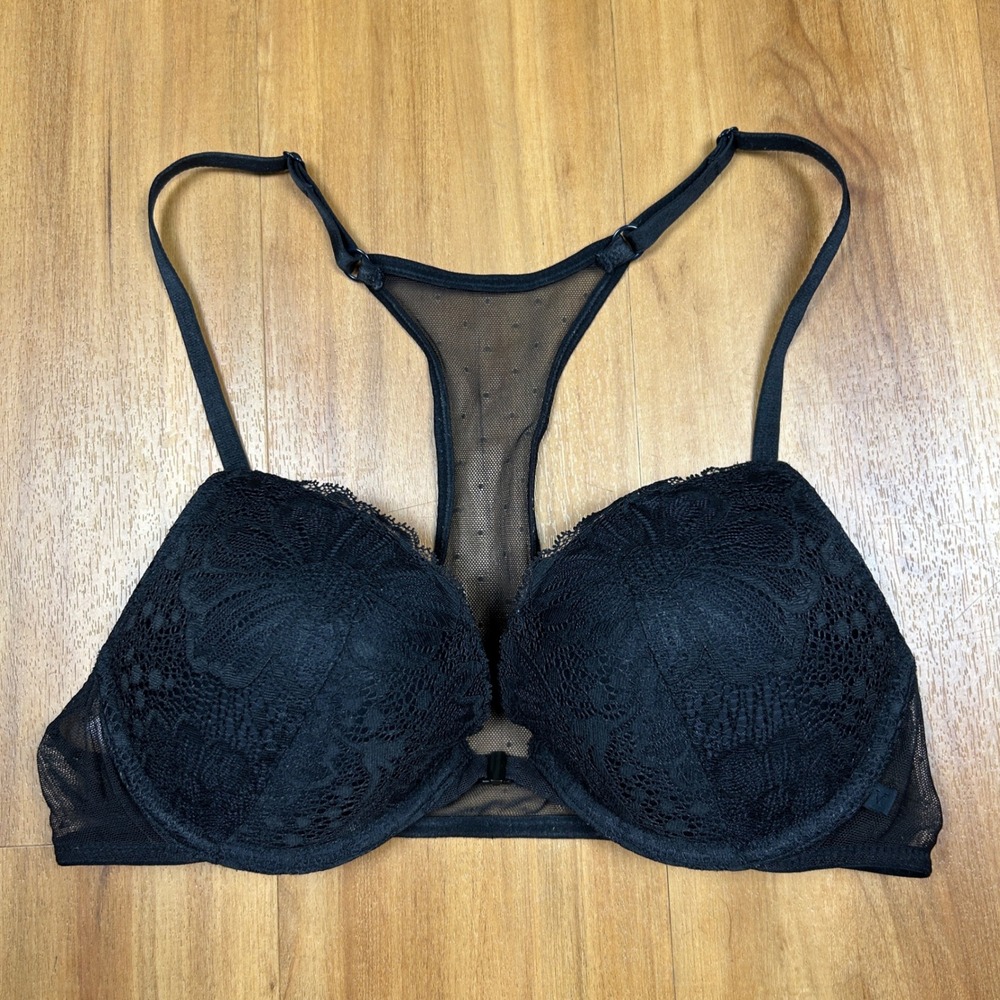 Victorias Secret Black Lace Push Up Bra Front Close Racerback 36B 406472-N7R
